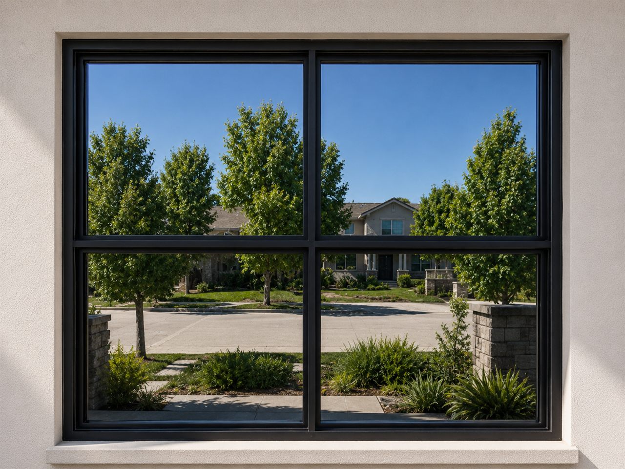 The same window after cleaning, crystal clear with a blue sky and green trees in view