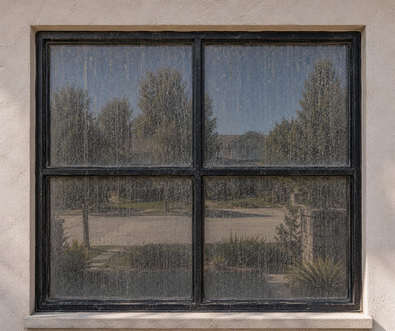 A window before cleaning, cloudy with hard-water spots and grime